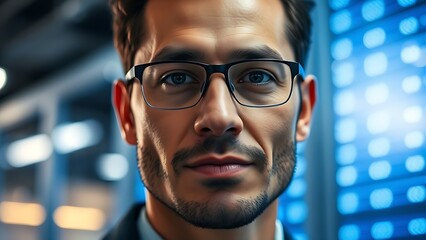 A technical specialist focuses intently with soft blue server room lighting.