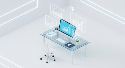 Modern digital workspace with advanced technology data analytics cybersecurity and innovative connectivity solutions in sleek professional office environment