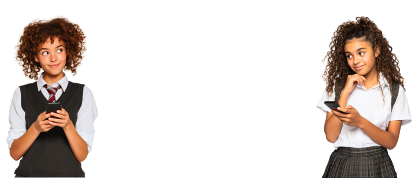 frame made of two brunette 15-18-year old curly hair brunette student isolated over white (transparent) background