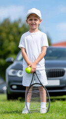 Young caucasian boy holding tennis racket in white sports outfit outdoors