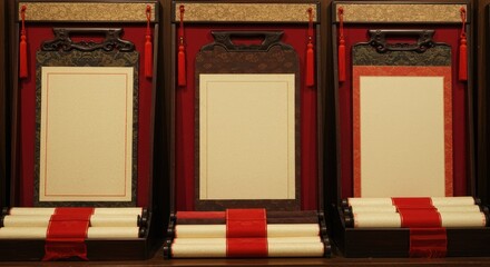 Chinese scroll paper set featuring red banners and ornate handles for royal-style announcements. Traditional blank parchment templates with rectangular, rounded, and pointed edges, ideal for ceremonia