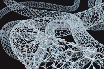 White atomic hexagonal structure forming tubes curving across the screen on a black background. Illustration as a backdrop for scientific topics and a wallpaper for web design