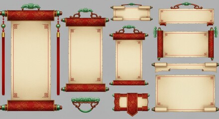 Chinese scroll paper set featuring red banners and ornate handles for royal-style announcements. Traditional blank parchment templates with rectangular, rounded, and pointed edges, ideal for ceremonia