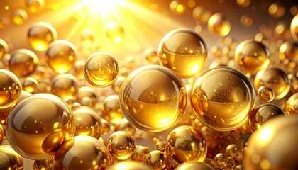 A cluster of shiny, golden spheres floats in a bright, sunlit space, creating a luxurious and abstract visual effect.
