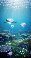 Underwater garden with glowing lotus flowers and serene marine backdrop
