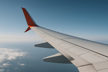 Airplane wing in high-altitude sea of clouds , transportation scene