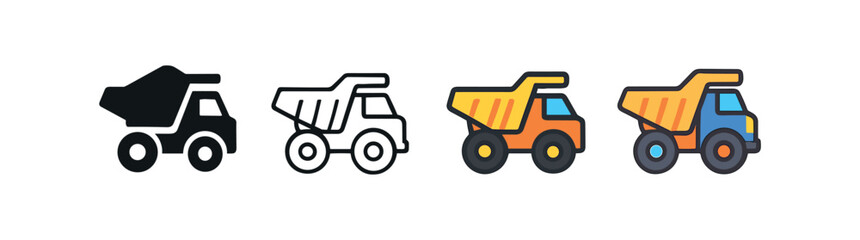 Vector icon quarry dump truck four styles black solid glyph outline minimal flat multicolor filled cartoon flat shaded.