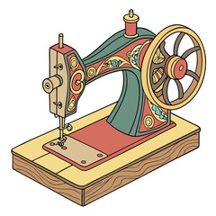 Colorful vintage sewing machine on wooden base retro