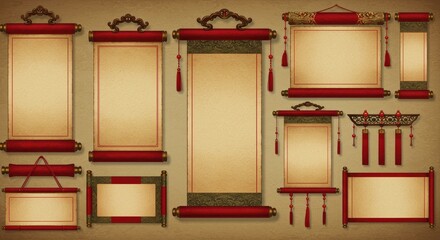 Chinese scroll paper set featuring red banners and ornate handles for royal-style announcements. Traditional blank parchment templates with rectangular, rounded, and pointed edges, ideal for ceremonia