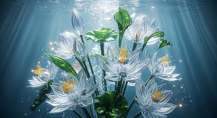 Underwater crystal lotus arrangement with ethereal illumination details