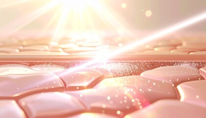 Close-up illustration of skin layers with bright light beams, showing cellular structure.