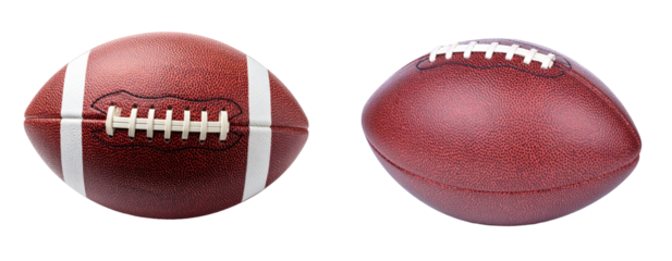 Two Brown Footballs With White Laces Displayed Against Black Background for Sports Imagery