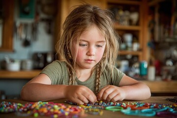 Fototapeta premium A young girl is intently stringing colorful beads on a wooden table inside. It showcases childhood creativity, focus, and the joy of crafting jewelry.