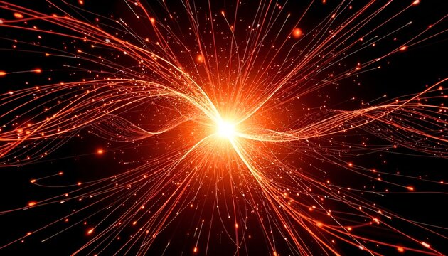 Burst of red energy in space. Abstract streams of red light radiating from a bright central point. Concept of energy, explosion, motion, and power.
