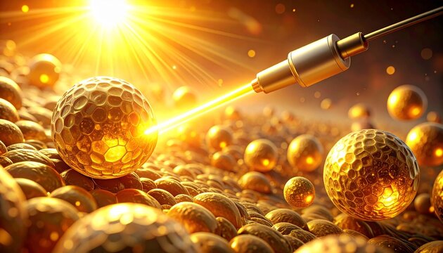A high-tech laser beam targets a golden, textured sphere in a microscopic scientific environment.