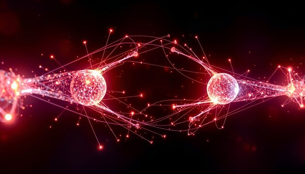 Abstract red energy spheres in motion. Red glowing spheres connected by energy streams. Symbol of quantum connection, electricity, and matter motion.