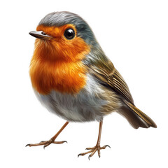 A charming robin isolated on transparent background, showcasing its vibrant orange breast, grey head, and delicate features in a delightful avian portrait