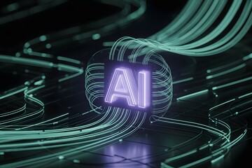 Futuristic glowing ai symbol at the center of a complex network of illuminated digital circuits and data streams representing artificial intelligence and advanced technology