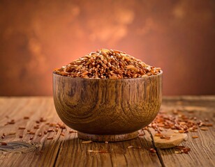 Wooden bowl of red rice on rustic table