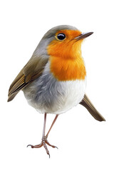 A charming robin isolated on transparent background, perched delicately with its vibrant orange breast and grey plumage, creating a delightful avian portrait