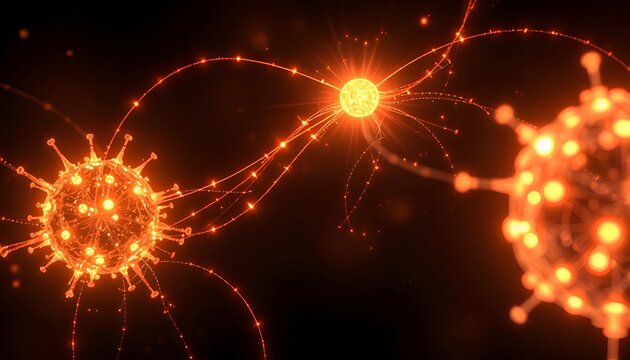 Glowing energy spheres in the dark. Abstract image of bright glowing particles connected by energy lines. Concept of network, connection, and energy flow.