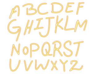 Handwritten yellow neon alphabet letters a to z, isolated on transparent background, perfect for graphic design, typography, and educational materials