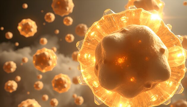 Abstract golden organic shapes in soft glowing light, rendering of abstract spherical structures with golden glow. Futuristic microscopic scene symbolizing energy or biotechnology.