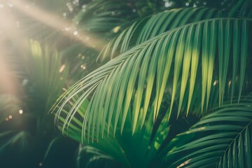 Sunlight filtering through lush green palm fronds creating a serene and tranquil tropical jungle atmosphere with dappled light and shadows