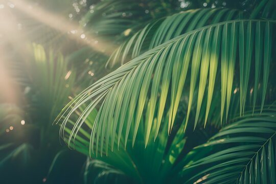 Sunlight filtering through lush green palm fronds creating a serene and tranquil tropical jungle atmosphere with dappled light and shadows - Powered by Adobe