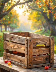 Wooden crate filled with fruit outdoors in autumn