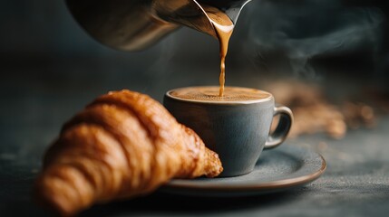 Espresso shot being poured, croissant in background, moody café style.