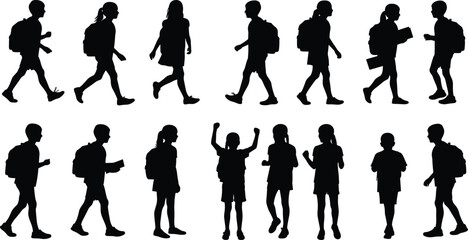 Silhouette vector illustration of school children with backpacks walking, standing, celebrating, holding books, education concept, student lifestyle, childhood activities © KanonRani art