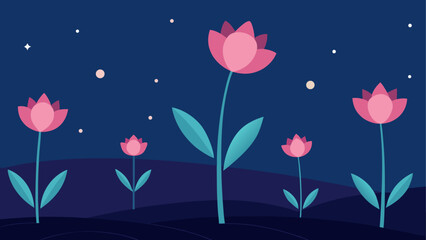 Naklejka premium Pink flowers under a starry night scene