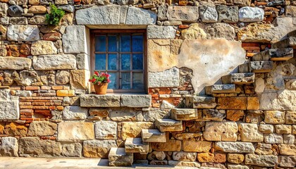 Mossy Stone Steps with Vintage Window and Flower Pot on Aged Brick Wall Under Daylight in Outdoor Setting