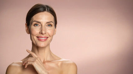 Beautiful gorgeous 50s mid aged mature woman looking at camera isolated on white. Mature old lady close up portrait. Healthy face skin care beauty, middle age skincare cosmetics, cosmetology concept