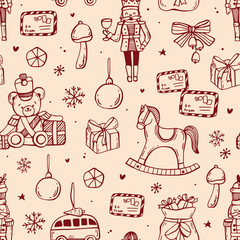 Vintage Christmas whimsical seamless pattern in red color. Line art hand drawn coquette illustrations.