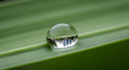 Extreme close up of a perfect, clear water drop or dew drop on a vibrant green leaf surface, beautifully reflecting a miniature, inverted cityscape, symbolizing nature and urban life balance