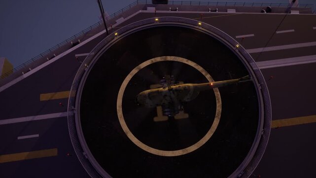 Military Helicopter On A Rooftop Helipad At Dusk