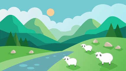 Scenic landscape with sheep and mountains © Rana Islam