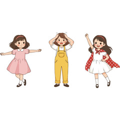 Three Girls in Different Poses and Outfits Illustration.