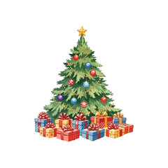 Festive Christmas Tree with Colorful Gifts Illustration.