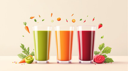 Three colorful vegetable juices in tall glasses with flying carrots strawberries and beets