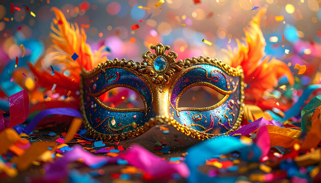 A colorful mask with a blue eye and gold frame is surrounded by confetti. The scene is lively and festive, with the mask and confetti creating a sense of celebration and joy