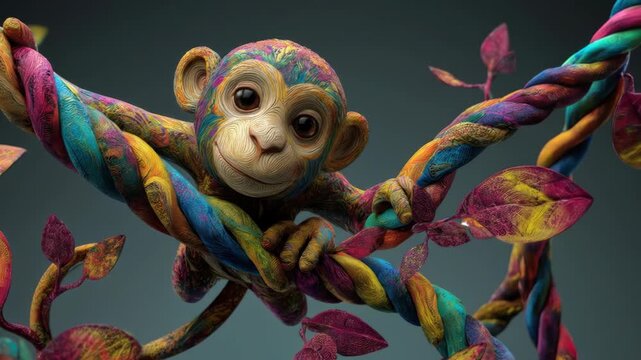 A colorful, stylized monkey, with a textured coat, perches on a vibrant, twisted vine, with leaves, against a teal backdrop