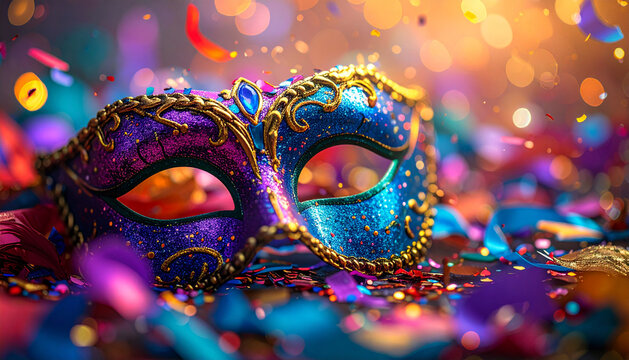 A colorful mask with a blue eye and gold frame is surrounded by confetti. The scene is lively and festive, with the mask and confetti creating a sense of celebration and joy - Powered by Adobe