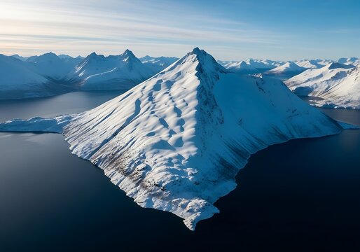 Majestic snowcapped mountain peak rising from dark blue water, surrounded by a range of majestic mountains under a clear sky - Powered by Adobe