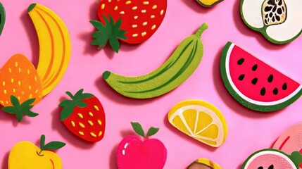 Cute handmade fruit illustrations of bananas, strawberries, apples, and watermelon in vibrant colors