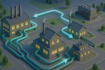 Naklejka premium Urban industrial neighborhood with interconnected pipeline network and directional flow arrows conveying energy distribution and infrastructure visualization