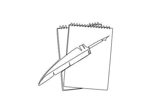 Continuous one line drawing stack of 2 notebooks and quill on top. Two diaries. Summarizing the daily journey of life. Vintage style. National Notebook Day. Single line draw design vector illustration - Powered by Adobe