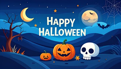 Fototapeta premium Festive jack-o'-lanterns and a smiling skull under a spooky night sky with moons for a Halloween celebration